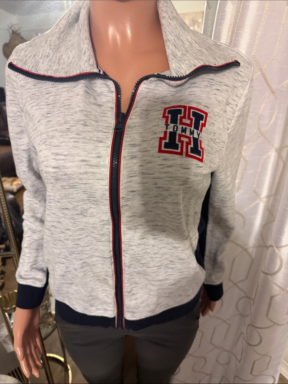 Tommy Hilfiger Light Heather Gray Zip-Front Bomber Jacket with Navy and Red Trim